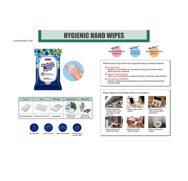 PUREDERM - Hygienic Hand Wipes(20pcs - Made in Korea).